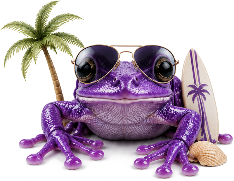 Purple Frog beach mascot wearing sunglasses beside a palm tree, surfboard and seashell