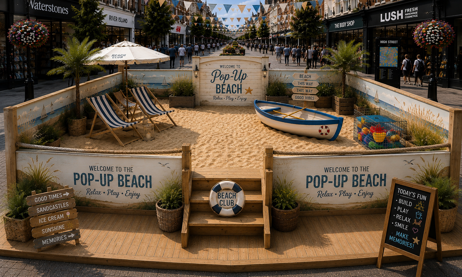 Luxury Pop Up Beach concept with striped deck chairs, parasol and elegant coastal styling